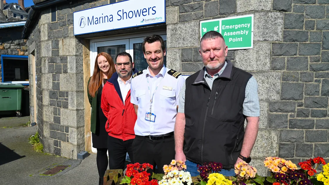 Left to right, Lisa Duggan, head of sustainability & CSR at Guernsey Ports, Nathan Jones from Rubis, head of port operations Kieran Higgs, and Martyn Stanfield, head of Technical & Estate Services at Guernsey Ports.