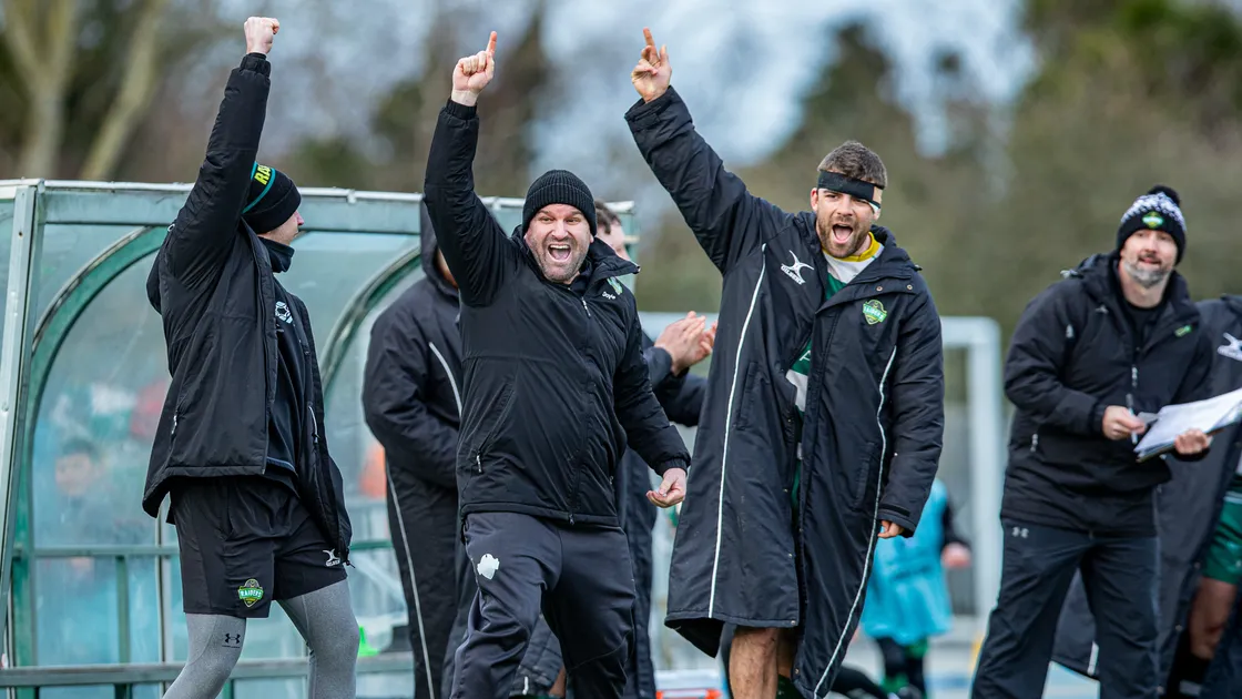 Left to right: Luke Jones, Jordan Reynolds and Matt Creber celebrate what they believe to be a successful 50-22 kick from Raiders, but their joy was to be shortlived when the officials ruled it just outside the 22