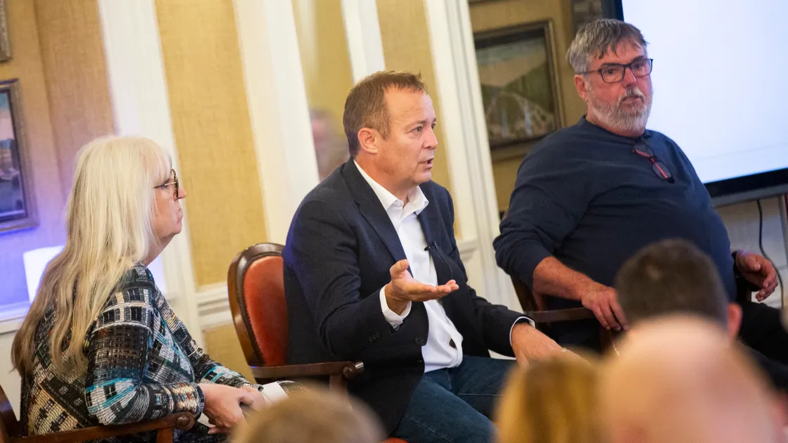 Left to right, York Aviation's Louise Congdon, Aurigny CEO Nico Bezuidenhout and then-president of the States Trading and Supervisory Board Peter Roffey at an Institute of Directors breakfast event last year.