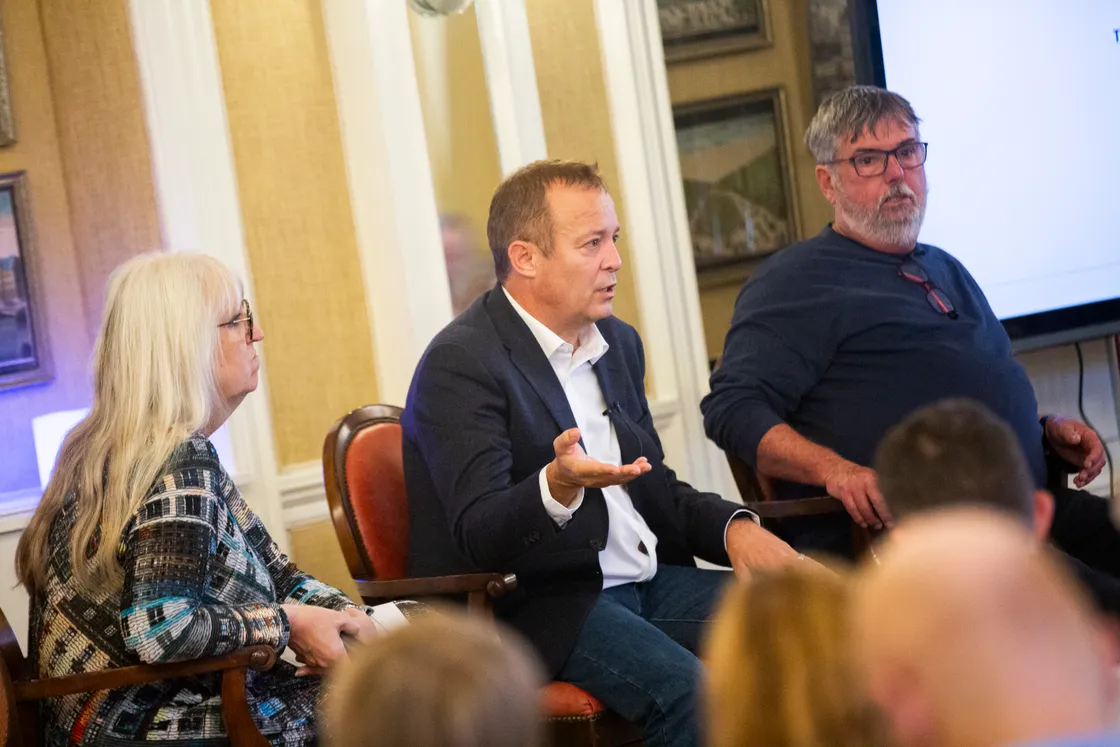 Left to right, York Aviation's Louise Congdon, Aurigny CEO Nico Bezuidenhout and then-president of the States Trading and Supervisory Board Peter Roffey at an Institute of Directors breakfast event last year.