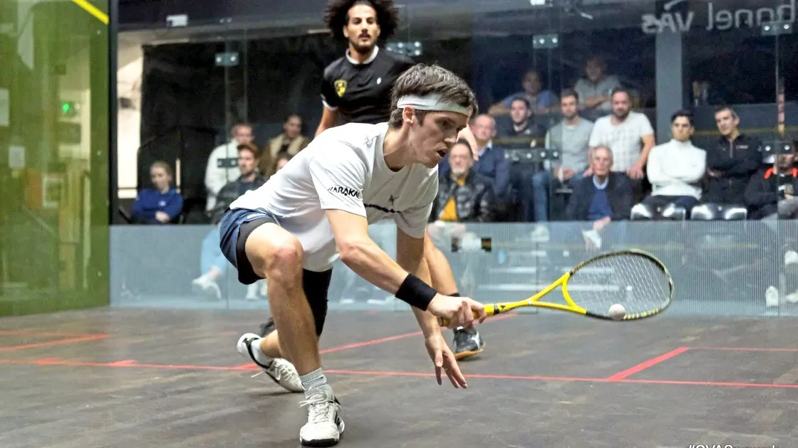 Chris Simpson playing in what proved to be his final PSA Tour match against Mazen Hesham in the first round of the Channel VAS Championships at St George's Hill last week. (Picture by Steve Cubbins, SquashSite, 26410141)