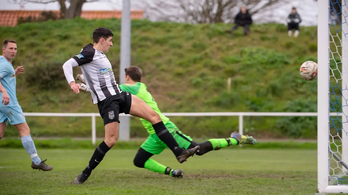 Danny Hale scores the second of his two goals at Northfield on Saturday. (Picture by Andrew Le Poidevin, 30419203)