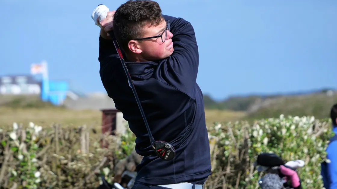 Ollie Chedhomme tees off in his match with Steve Mahy. (Picture by Gareth Le Prevost, 29535056)
