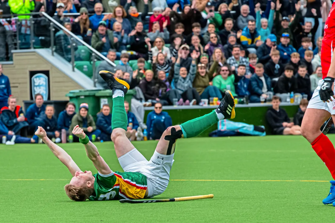James Ball celebrates after completing his hat-trick.