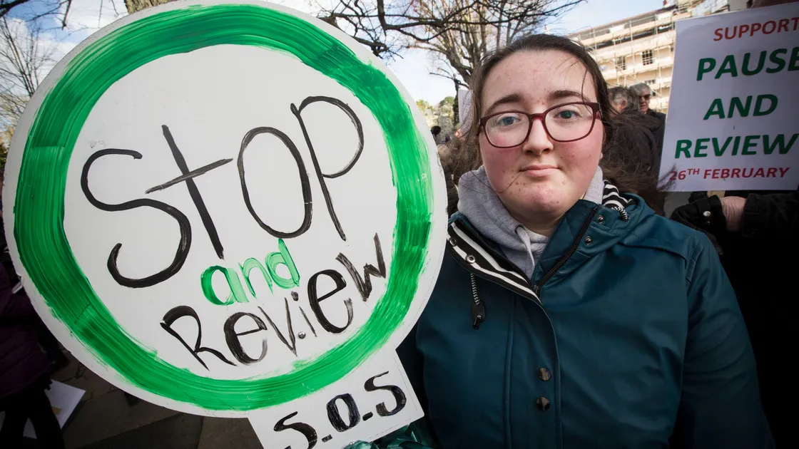 Pic by Adrian Miller 26-02-20.Royal Courts States.Protesters outside for Pause & Review.Elise Jee 15. (27288510)
