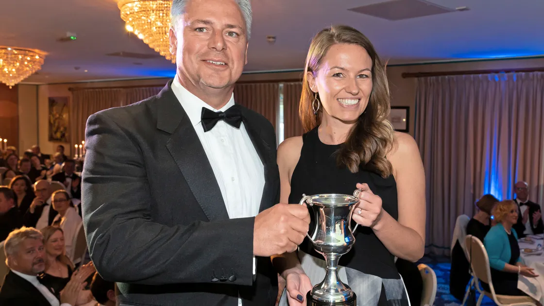 Robus Group CEO Richard Le Tocq presents Harriet Walden with the 2017 Chris Le Conte award for achievement at the Guernsey Insurance Industry Association annual dinner. 							          (Picture by Chris George)