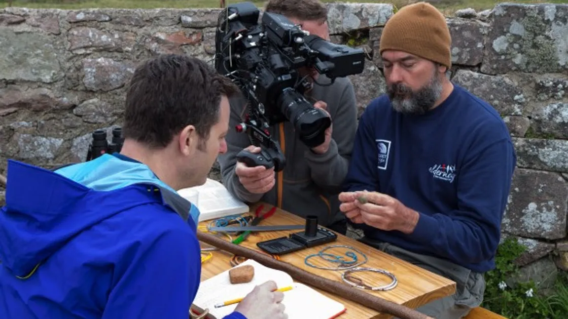BBC Countryfile’s Matt Baker, left, with John Horton at Alderney’s Nunnery ringing birds. 	          (Picture by Emma Pinch)