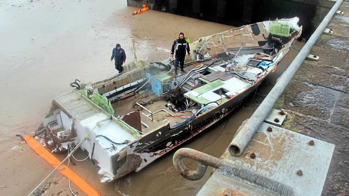 The remains of P6T2 after being washed up on the beach and then recovered near Portbail, France. (Picture by Bertrand Sciboz/Ceres). 