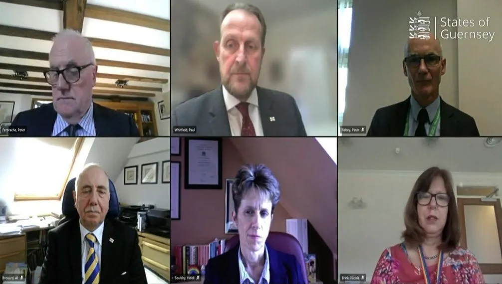 Screengrab from today's Covid-19 press conference. Top row left to right: Chair of the Civil Contingencies Authority Deputy Peter Ferbrache, States chief executive Paul Whitfield and Medical Director Dr Peter Rabey. Bottom row, left to right: Health & Social Care president Deputy Al Brouard, Policy & Resources vice-president Deputy Heidi Soulsby and director of Public Health Dr Nicola Brink. (29218485)