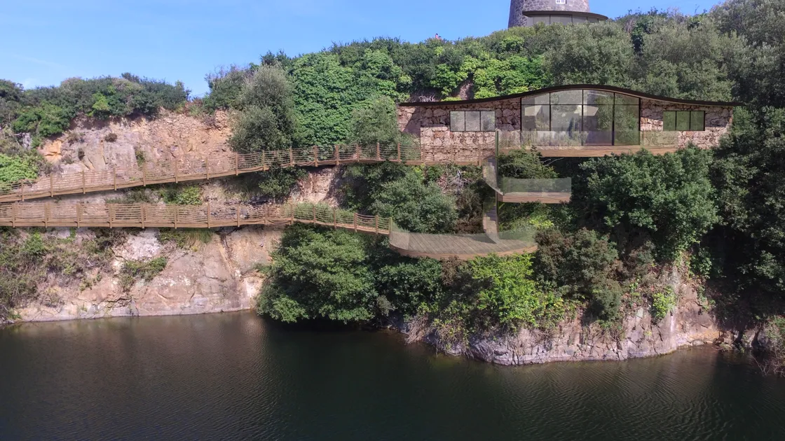 An artist’s impression of how Vale Mill could look, with cantilevered terraces from the extension over the quarry and a pathway around the quarry, with a floating pontoon and summerhouse on the water. (28647216)