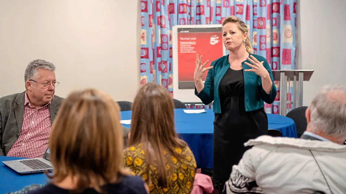 Nicola Harper addresses the Bright Idea meeting in the Saumarez Room at Beau Sejour, which saw further support emerge for the initiative to help young people with mental health challenges which she started with Helen Banks.   (Picture by Andrew Le Poidevin)