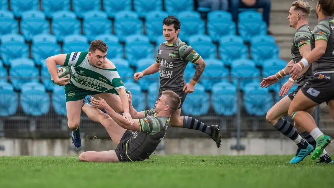 Buccaneers fullback Callum Roberts hauls down Corsairs fly-half Dan Rice. (Picture by Martin Gray, www.guernseysportphotography.com, 28937724)