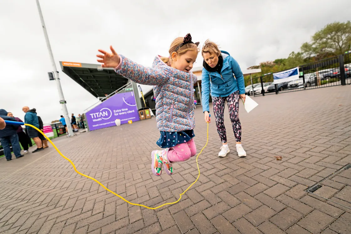 Jessica Walden (6) doing the skipping rope with Bowel Cancer Guernsey