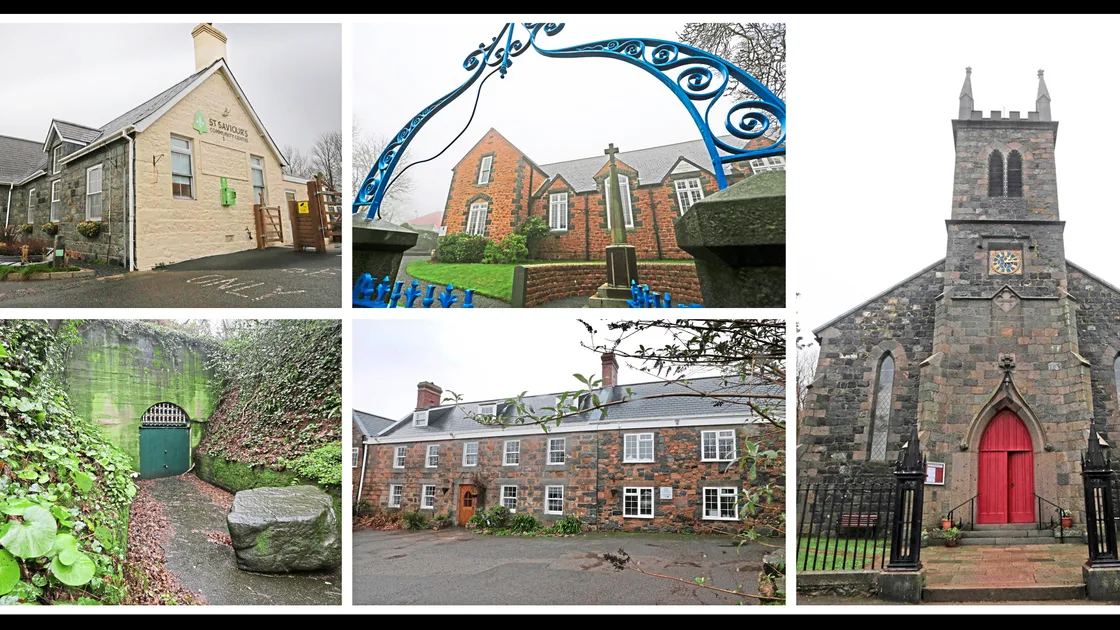 Some of the historic structures which have no protection, clockwise from top left, St Saviour’s Community Centre, St Martin’s Parish Hall, St John’s Church, Hotel Hougue Du Pommier, and the German Underground Hospital.
