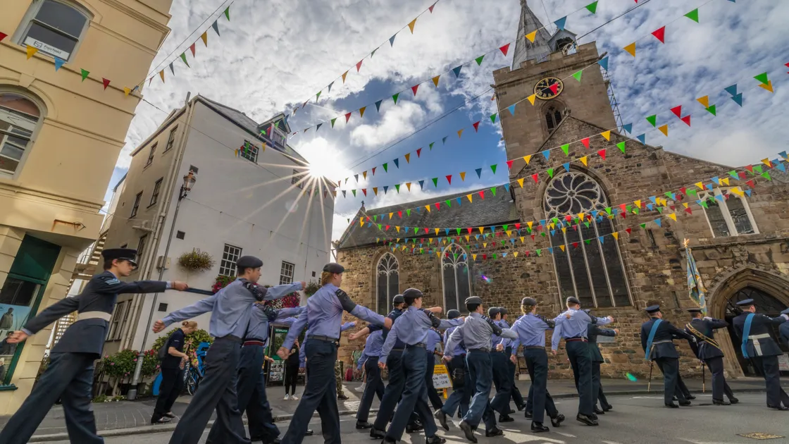 Air cadets passing the Town Church during yesterday’s Battle of Britain parade which went from Le Pollet to Market Square.