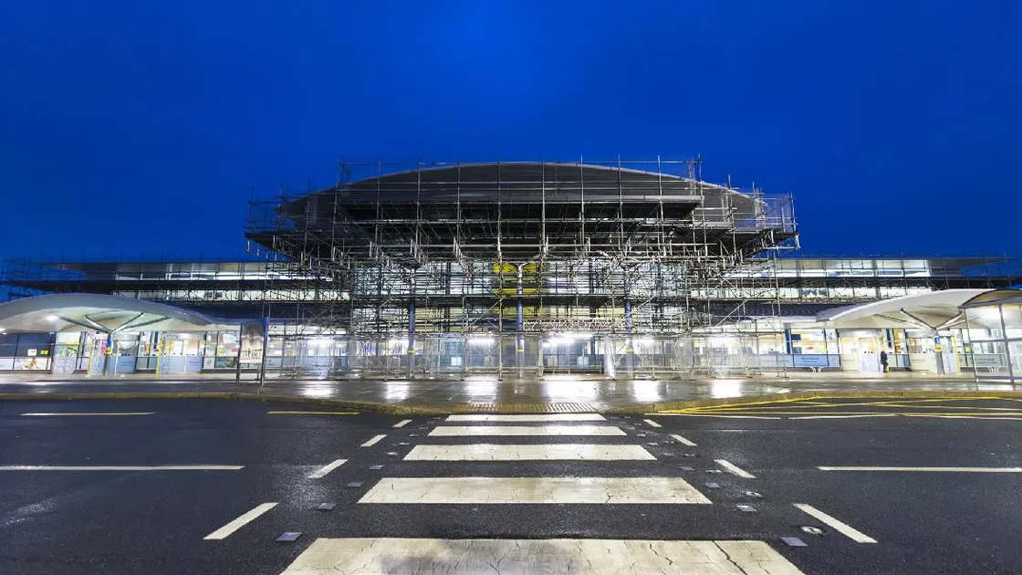Guernsey Airport clad in scaffolding. 								 (Picture by Peter Frankland, 34720476)