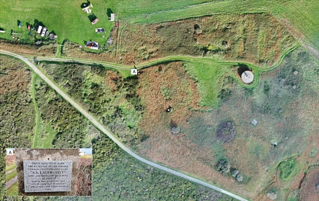 Image taken by a drone showing the remains of Sylt. ‘A’ marks the location of a memorial plaque at the site, inset. (Image courtesy of Centre of Archaeology, Staffordshire University and FlyThru) 