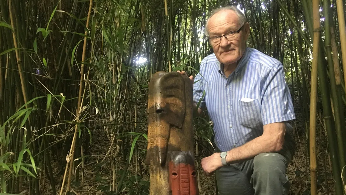 Deep in the heart of Sausmarez Manor’s Artpark: Peter de Sausmarez with two Elephantman sculptures.(Picture by Zoe Fitch 22387355)