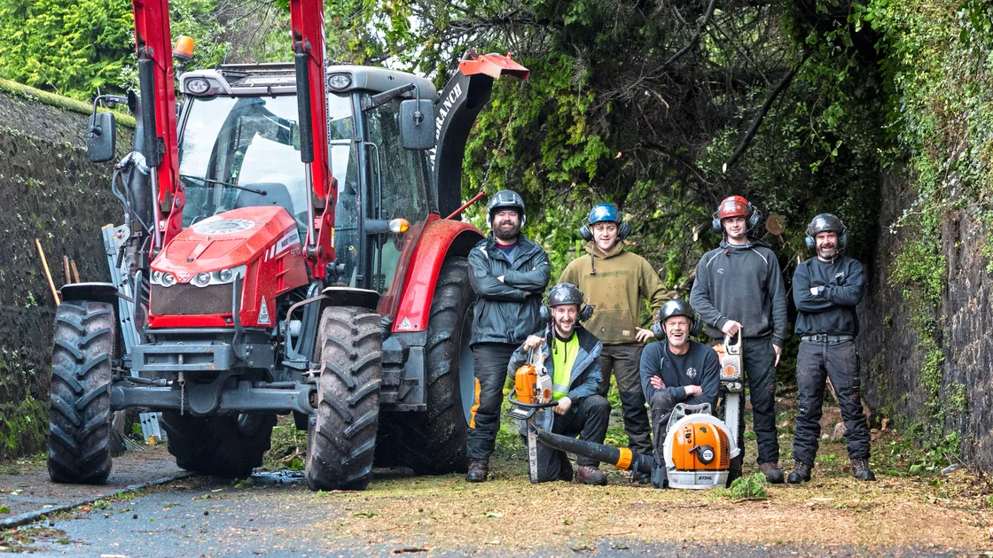 Special Branch tree surgeons were working on large trees yesterday that were blocking Prince Albert Road. Back, left to right: James Farrand, Hugh Brown, Bailey Taylor and Ryan Muston. Front: James Morgan and Simon Marshall