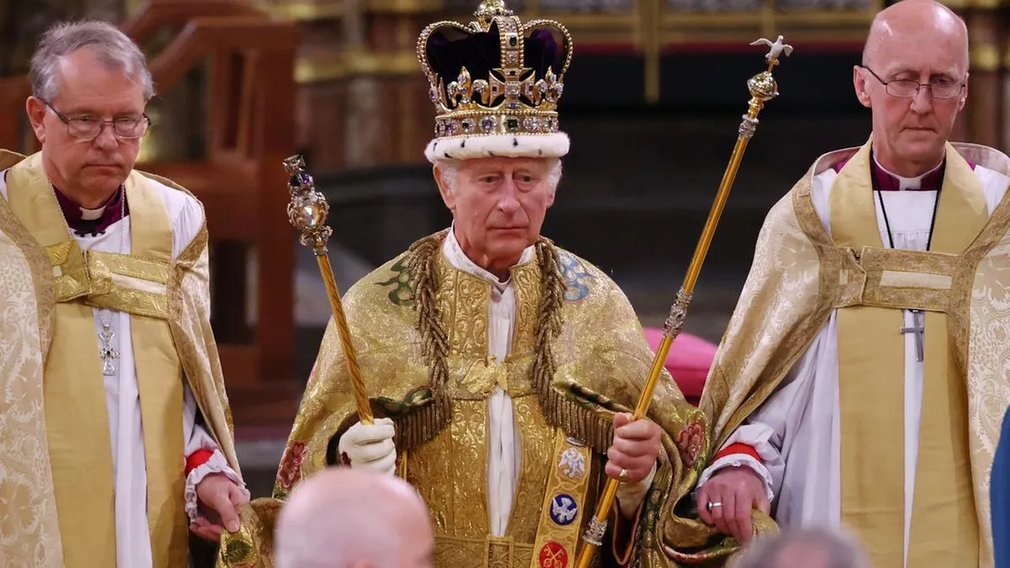  King Charles III stands after being crowned during his Coronation ceremony in Westminster Abbey on Saturday. (Picture by Richard Pohle - WPA Pool/Getty Images).