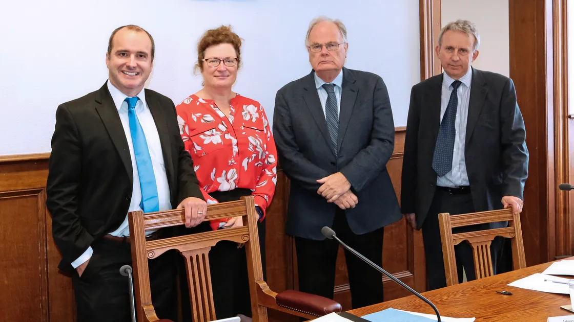 The panel at yesterday’s public hearing regarding the handling of the States bond. Left to right, Deputy Chris Green (panel chair), non-States Members Gill Morris and Advocate Peter Harwood and Deputy Mark Dorey. (Picture by Adrian Miller, 19578095)