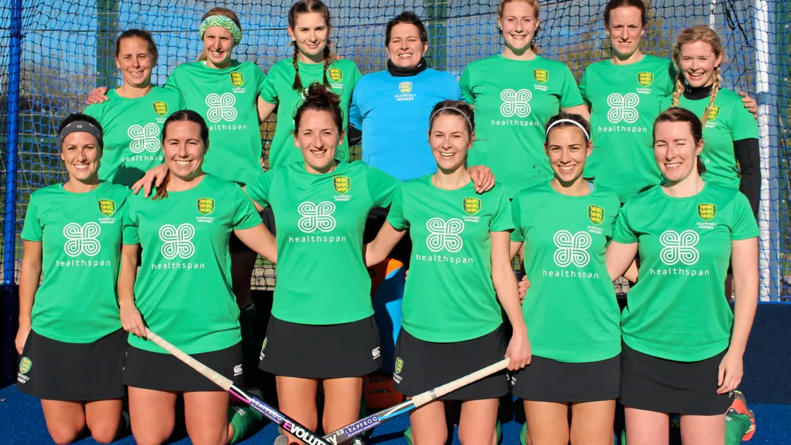 The Healthspan Guernsey Ladies hockey team who beat Bishop's Stortford 5-2 in the second round of the Investec EH Women's Tier Two Championship. Back row, left to right: Becky Hubbard, Liz Dudin, Tasha Symes, Emma Atkinson, Katherine Bushell, Gemma Underwood, Izzy Whalley. Front: Laura Webber (captain), Lucy Slimm, Lizzi Stonebridge, Bianca Symes, Amy Sharpe, Holly Stubbert-Malley.