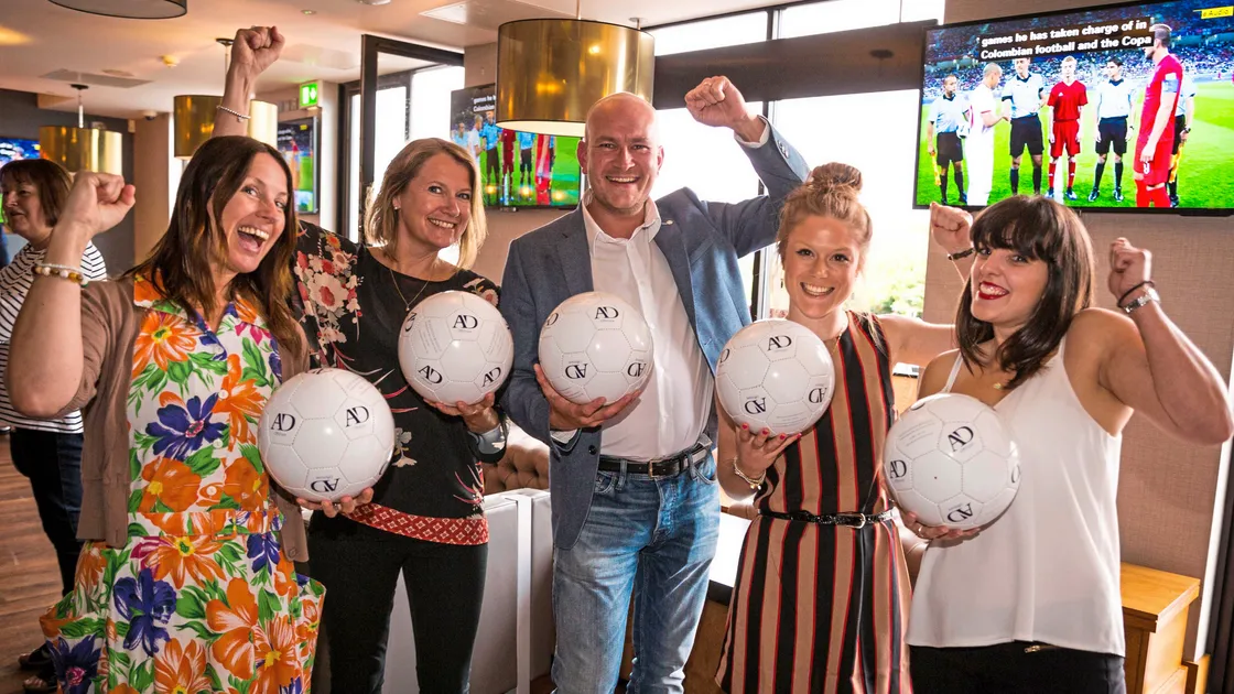 Alexander Daniels World Cup fundraising event held at Urban Kitchen on Monday. Left to right, Andrea Pearson, Christine Bangor-Jones, offshore director Andrew Partlow, Hannah Le Tissier and Lauren Martel. Above right, Doyle Motors’ World Cup party. (Main picture by Ben Fiore, 21763582)