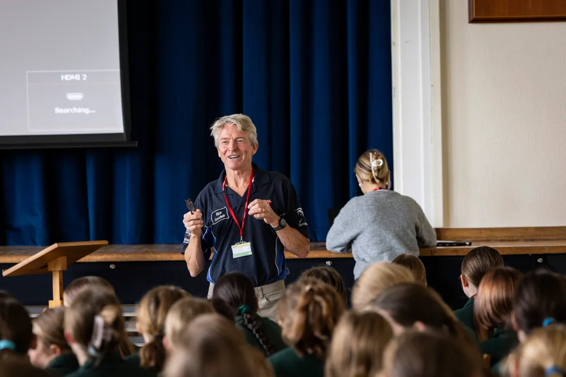  The air display  has seen pilots visit local schools to give presentations to students. Rich Goodwin, who flys the Jet Pitts, gave a talk to The Ladies' College last year