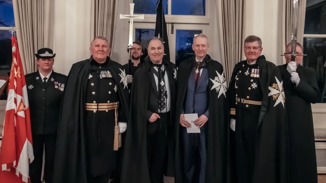 Left to right, Tanya Goubert, Lt-Governor Sir Richard Cripwell, James King, outgoing Knight Commander John Hollis, new Knight Commander Marc Farror, Simon Williams, Prior of England and the Islands, and Tony Robert.
