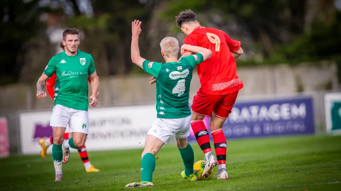 Guernsey FC midfielder Thomas Dodds (No. 4) made life difficult for Northwood. (Picture by Sophie Rabey, 30119957)