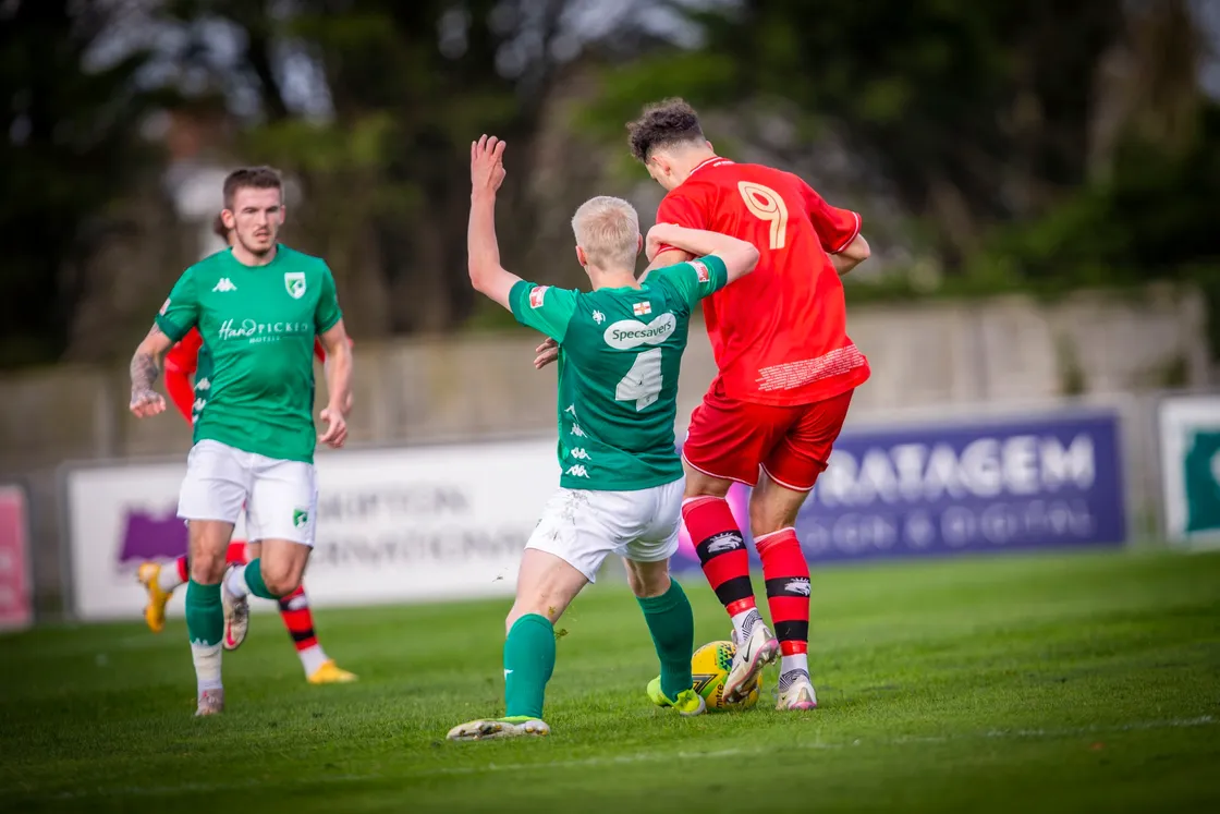Guernsey FC midfielder Thomas Dodds (No. 4) made life difficult for Northwood. (Picture by Sophie Rabey, 30119957)