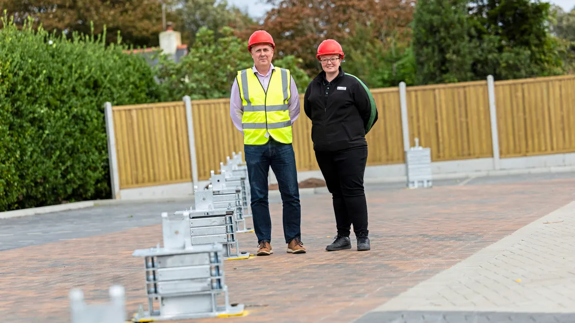 Head of M&S Guernsey Greg Yeoman and staff member Paris Newman standing where the temporary shop is being created