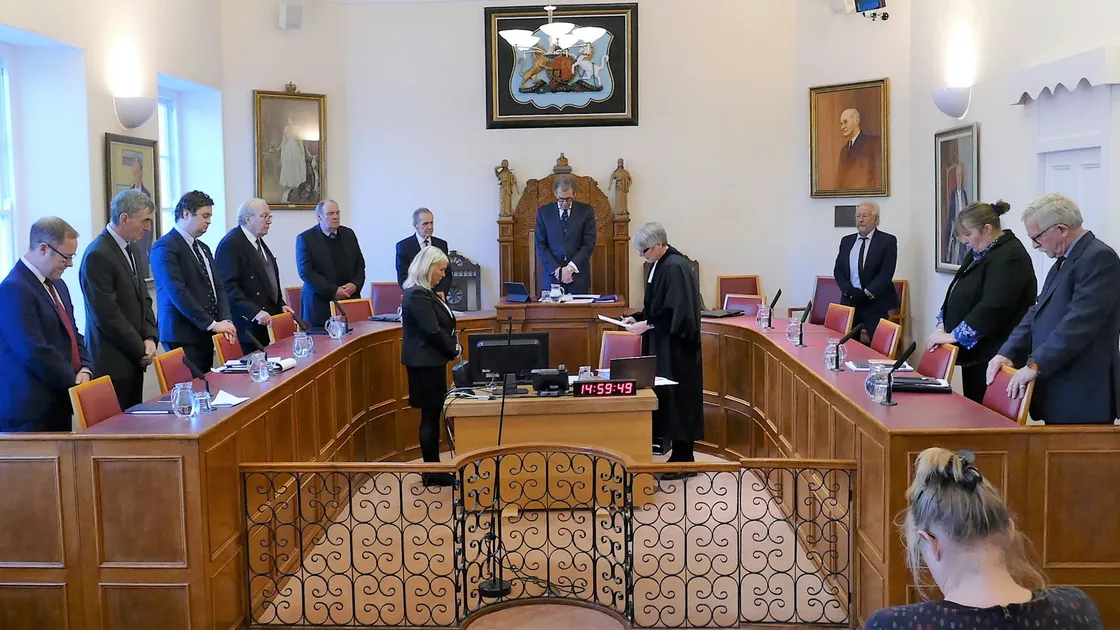 The members of the States of Alderney are pictured at the start of a historic Sunday meeting to discuss the Brexit deal with the acting Greffier reciting the Lord’s Prayer inFrench. (Picture by David Nash)
