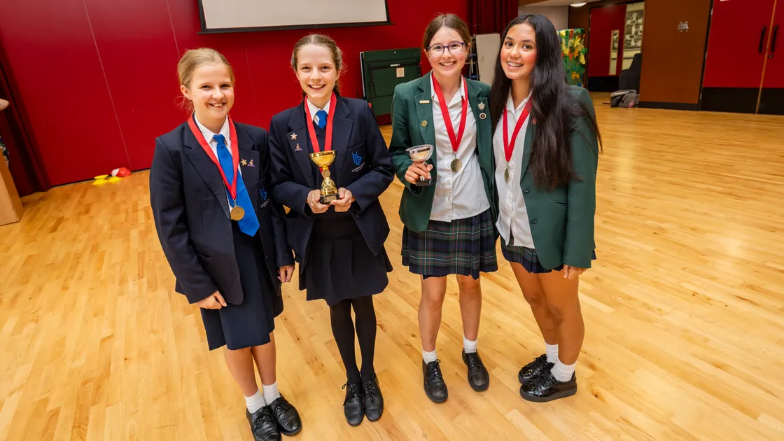 Left to right: Winners Alicia Cathcart and Amelie Buck, both 12, from Les Beaucamps High and runners-up Robin Scott and Georgie Keyho, both 14, from The Ladies’ College.