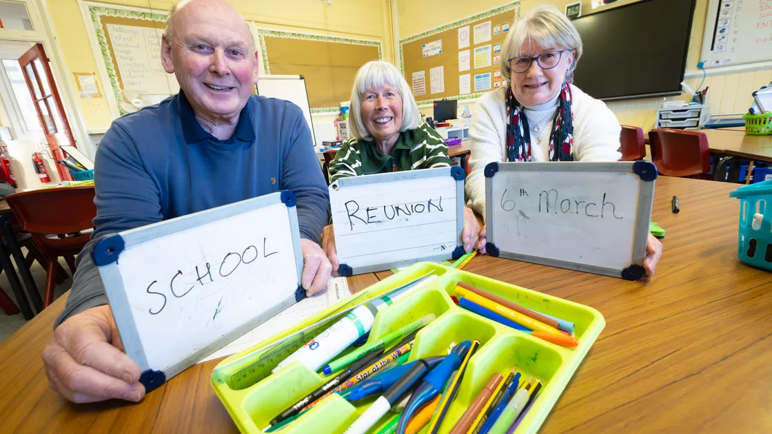 Back at Vale School for a photograph with Peter Frankland were former pupils Martyn Lowe, Rosie Bradshaw (centre) and Sue Payne. They are organising a reunion for the Class of 66 next month
