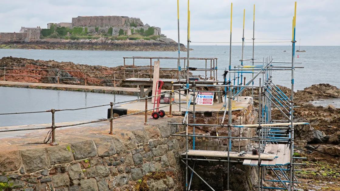 Work on the seaward wall at the Ladies’ Pool at La Vallette will take six weeks, but the plan is for it to be finished before the schools break up next month.  (Picture by Adrian Miller, 24945979)