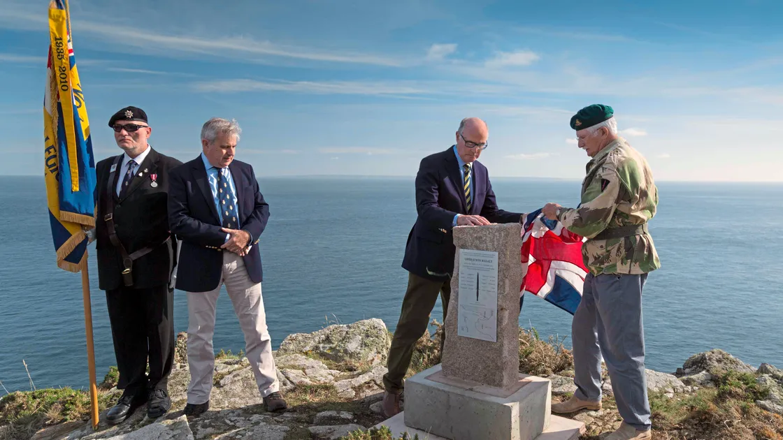 Left to right: Standard bearer John Hunt, Seigneur Major Christopher Beaumont, John Appleyard, half brother of Major Appleyard, who led Operation Basalt, and Lt-Col Reginald Guille, who was himself an Army Commando. (Picture by Sue Daly)