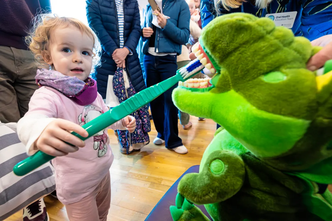 Emilia, pictured – who was enjoying brushing every last tooth on Flossy the Crocodile