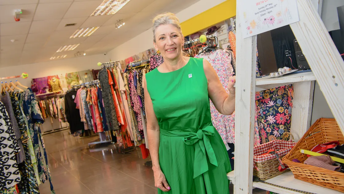 Les Bourgs Hospice shop manager Tina Williams at the St Martin’s shop on Sunday. 
