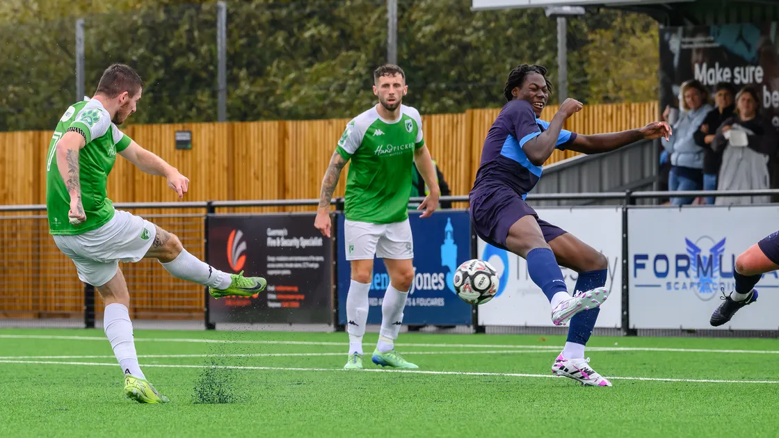 Charlton Gauvain fires in Guernsey FC’s opening goal against Croydon on Saturday afternoon at Victoria Park