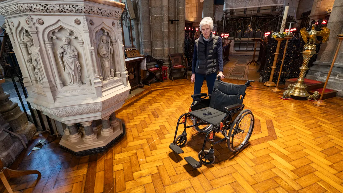 Churchwarden Sarah Bamford suspects that a group of youngsters had been playing in the church that afternoon, pushing each other around on the wheelchair.
