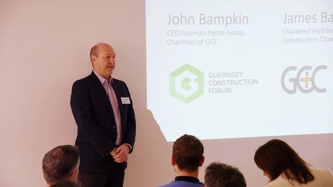 Guernsey Construction Forum Committee chairman John Bampkin talking at a presentation. (Picture credit to Guernsey Chamber of Commerce)