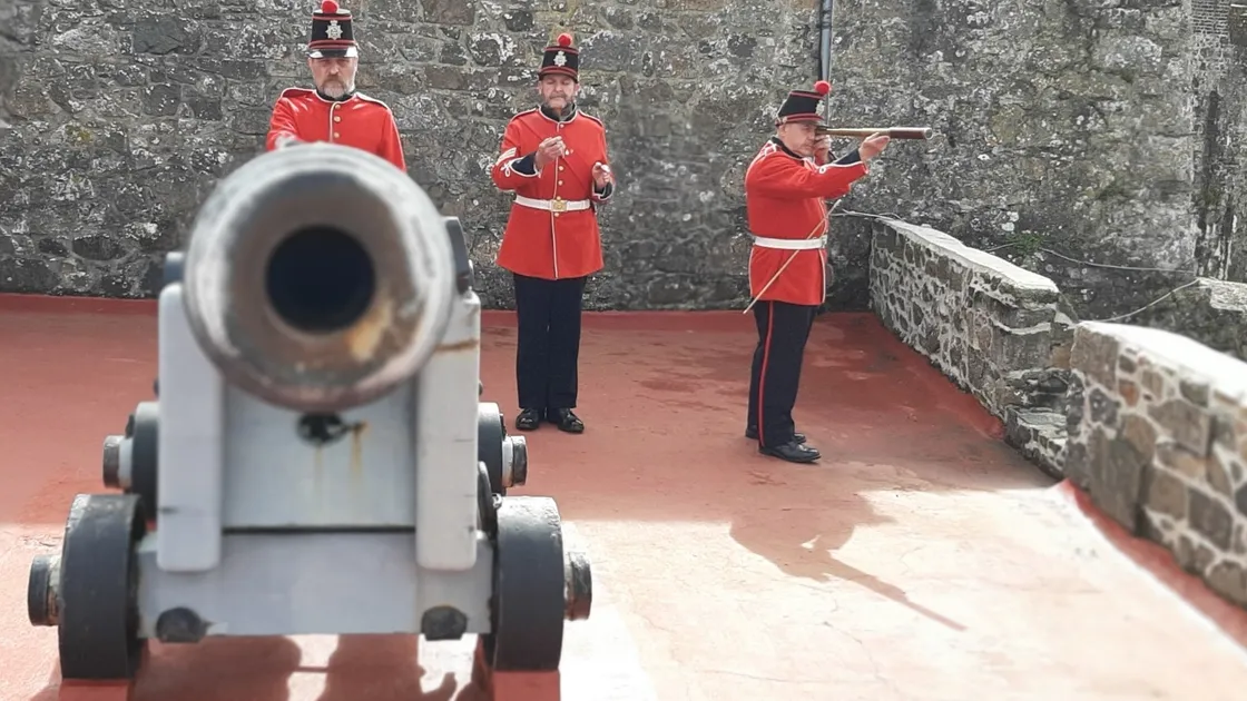 Castle keepers, from left, Stuart Falla, Shaun Marsh, and Dave Malledent practise firing the noonday gun before the reopening of Castle Cornet today. (31929166)