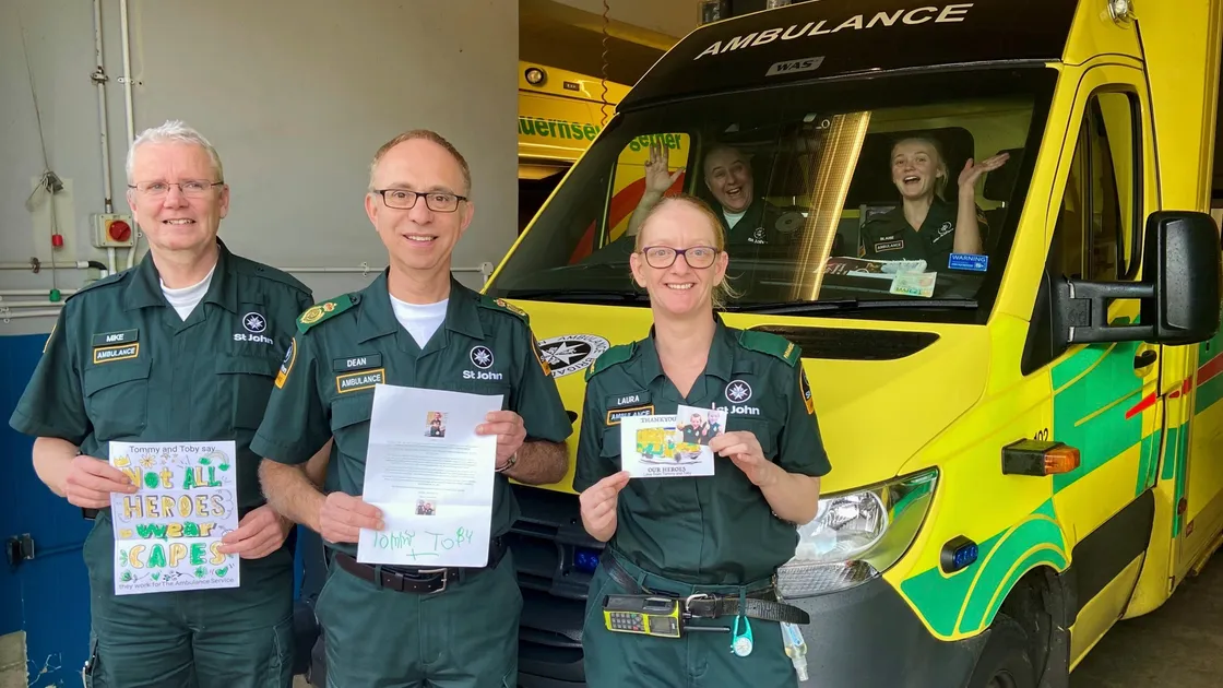 Guernsey Emergency Ambulance Service is the latest organisation in the British Isles to be ‘hit’ by two young ambulance supporters who are attempting to send random acts of kindness to every ambulance station up and down the country. Pictured left to right are Mike Wall, Dean de la Mare and Laura Goodall. In the ambulance are Nick Davison and Blaize Hockey. (29108291)