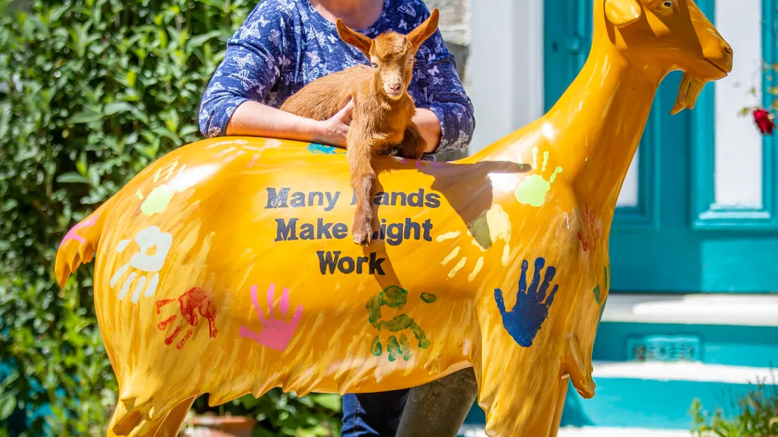 Mandy Girard with kid Mercy and fibreglass goat Daisy, painted for the Golden Guernsey Goat Trail. (Picture by Sophie Rabey, 29569236)