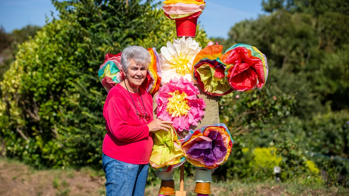 Torteval scarecrow festival organiser Sue Brooks with her creation for this weekend’s event. (Picture by Luke Le Prevost, 32368585)