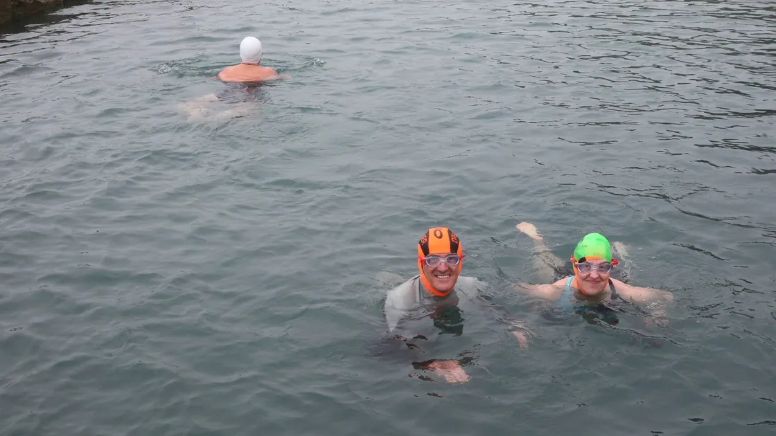 Pic by Adrian Miller 10-03-20 La Vallette bathing pools , regular swimmers are happy with new plans for the kiosk and changing rooms. J.P. MacÃ© and Debbi Stokes. (27418642)