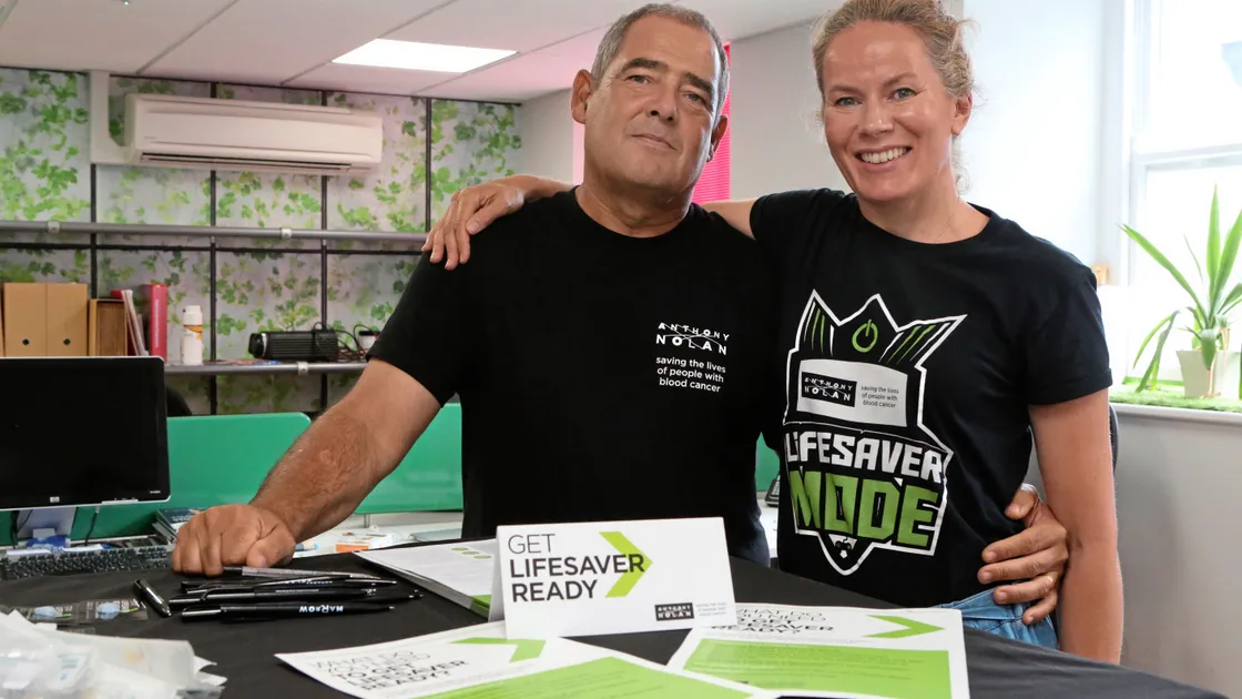 Mark Fallaize with Sarah Rodgers of the Anthony Nolan Trust at the stem cell register drive at the Digital Greenhouse.                                                                                                                                  (Picture by Steve Sarre, 22166459)