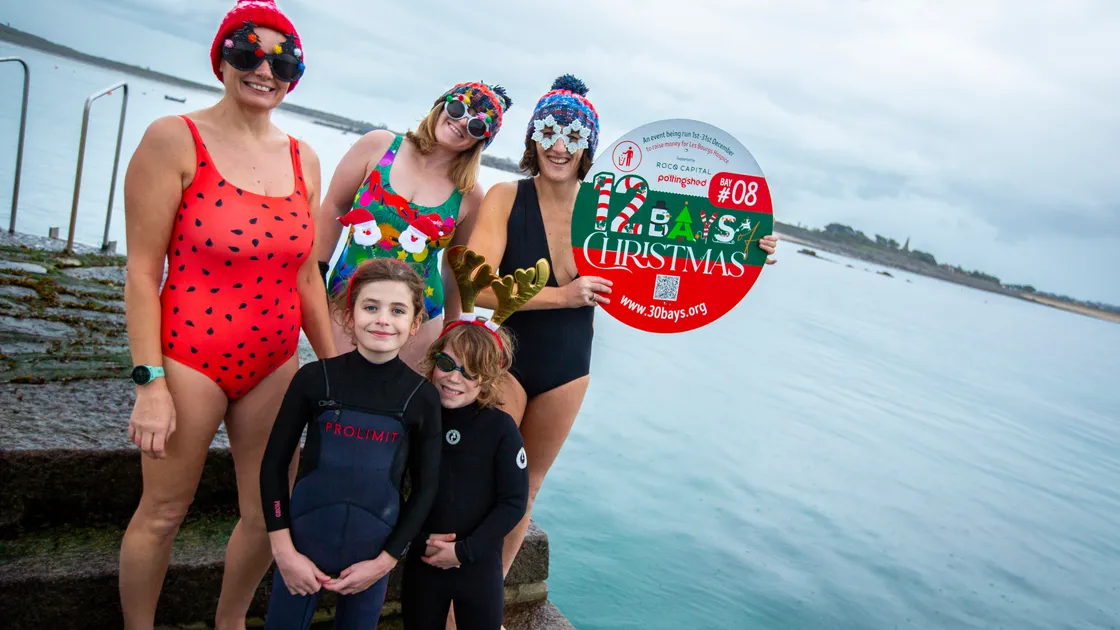 Les Bourgs Hospice 12 Bays of Christmas fundraiser launches today. Pictured at Rousse Pier are, back row, left to right, Kerry Marley, Dawn Sealey and fundraising administrator Liz Stonebridge. Front row: Jude Marley, 9, and Jack Sealey, 10. (Picture by Luke Le Prevost, 32759782)