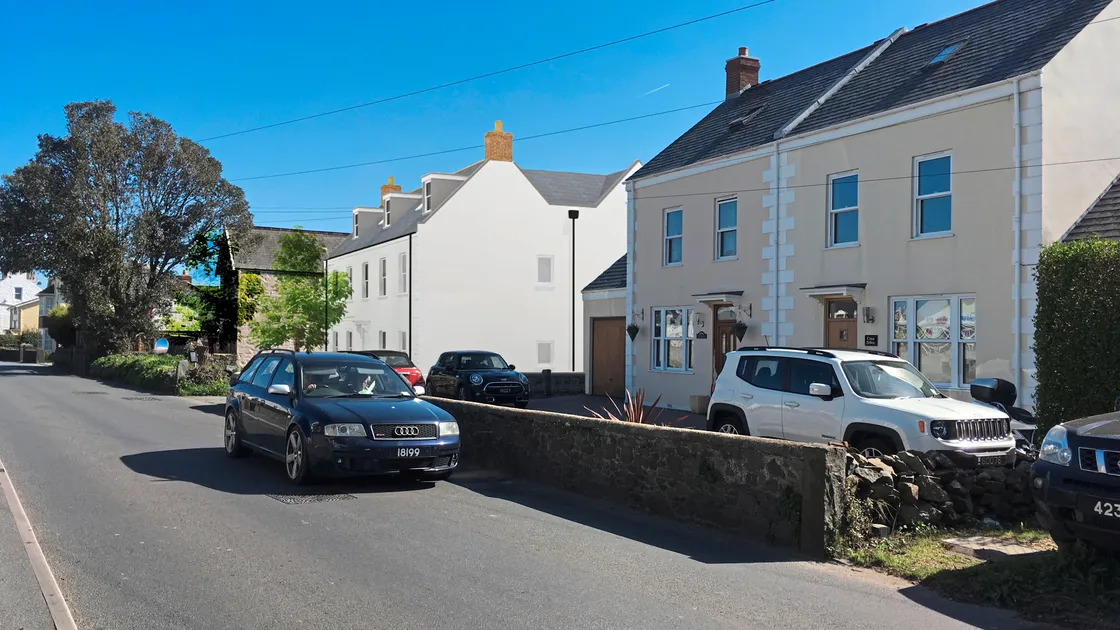 The white building in the middle-distance is the proposed design of the revised development of six new flats on the site opposite the petrol station on Braye Road, Vale. Picture supplied by Hillstone Guernsey Ltd. (24957139)